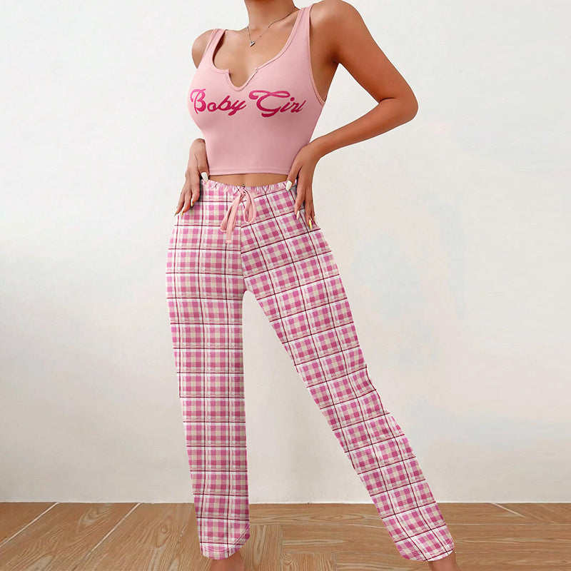 Spring Summer Women's Casual Pajamas Home Wear Vest Color Matching Plaid Trousers Letter Print Top Ladies 2 Pcs Home Clothes Sleepwear