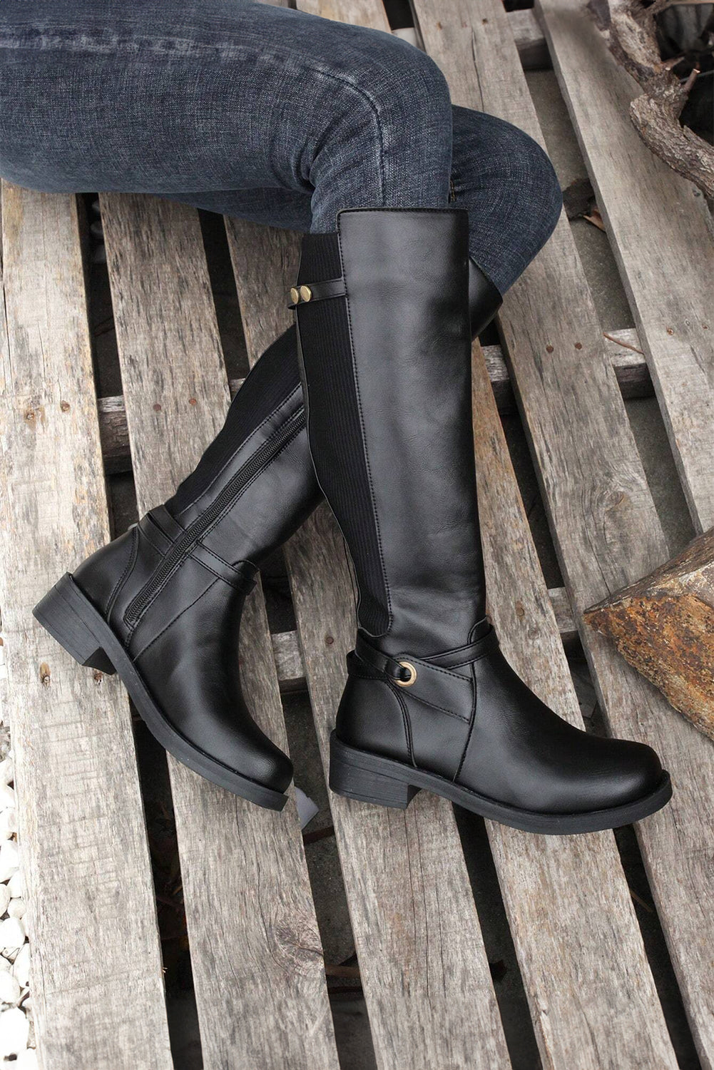 Black Side Zipper Knee High Chunky Low Heel Boots